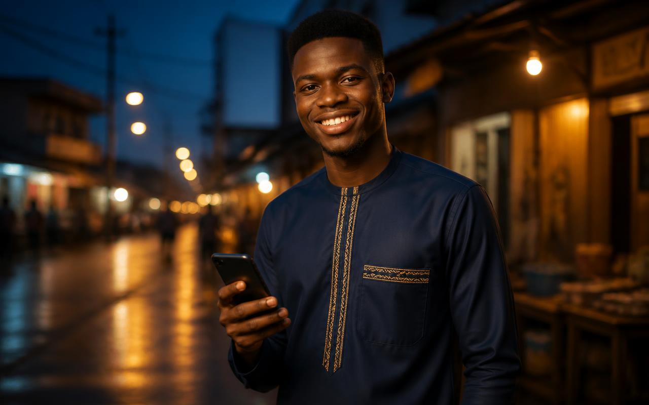 Young Cameroonian man saving on his phone with PriMoney