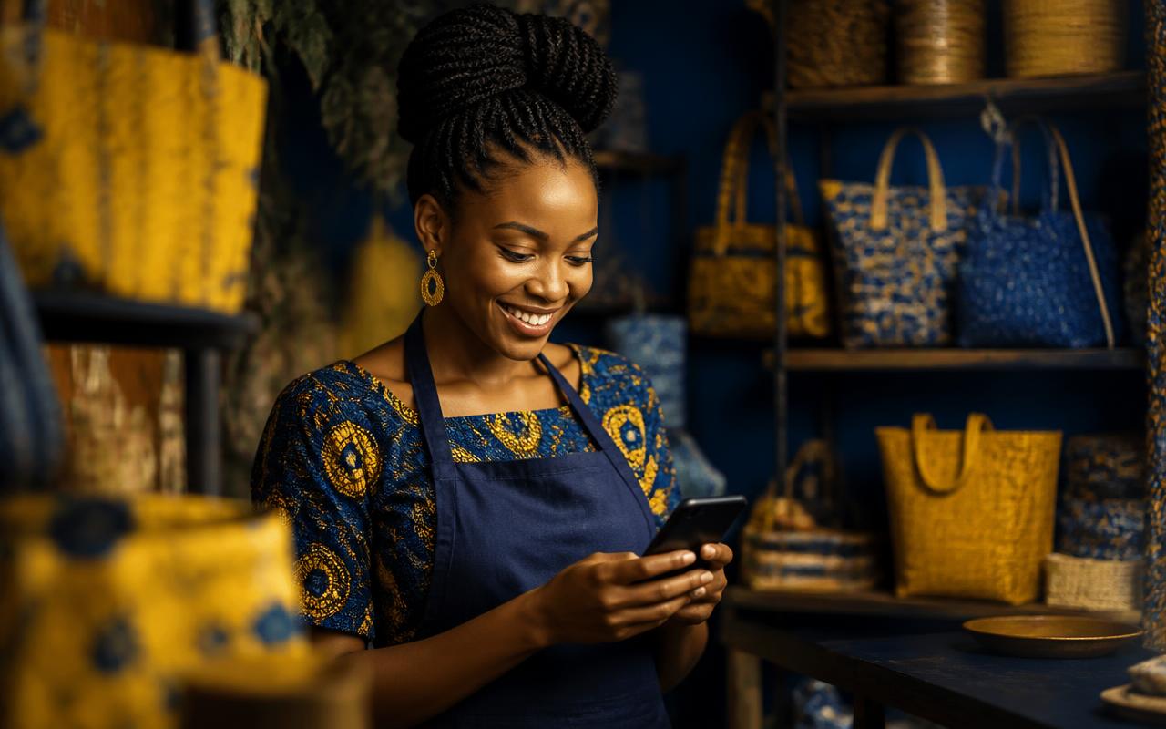 Young Cameroonian woman entrepreneur using PriMoney in her shop